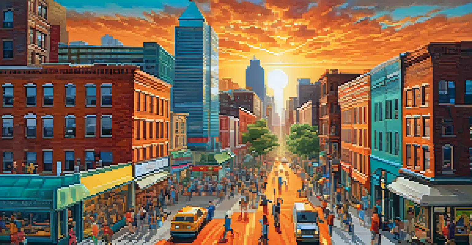 A mural of a lively urban landscape with buildings and people, painted on a brick wall during sunset with bright colors.