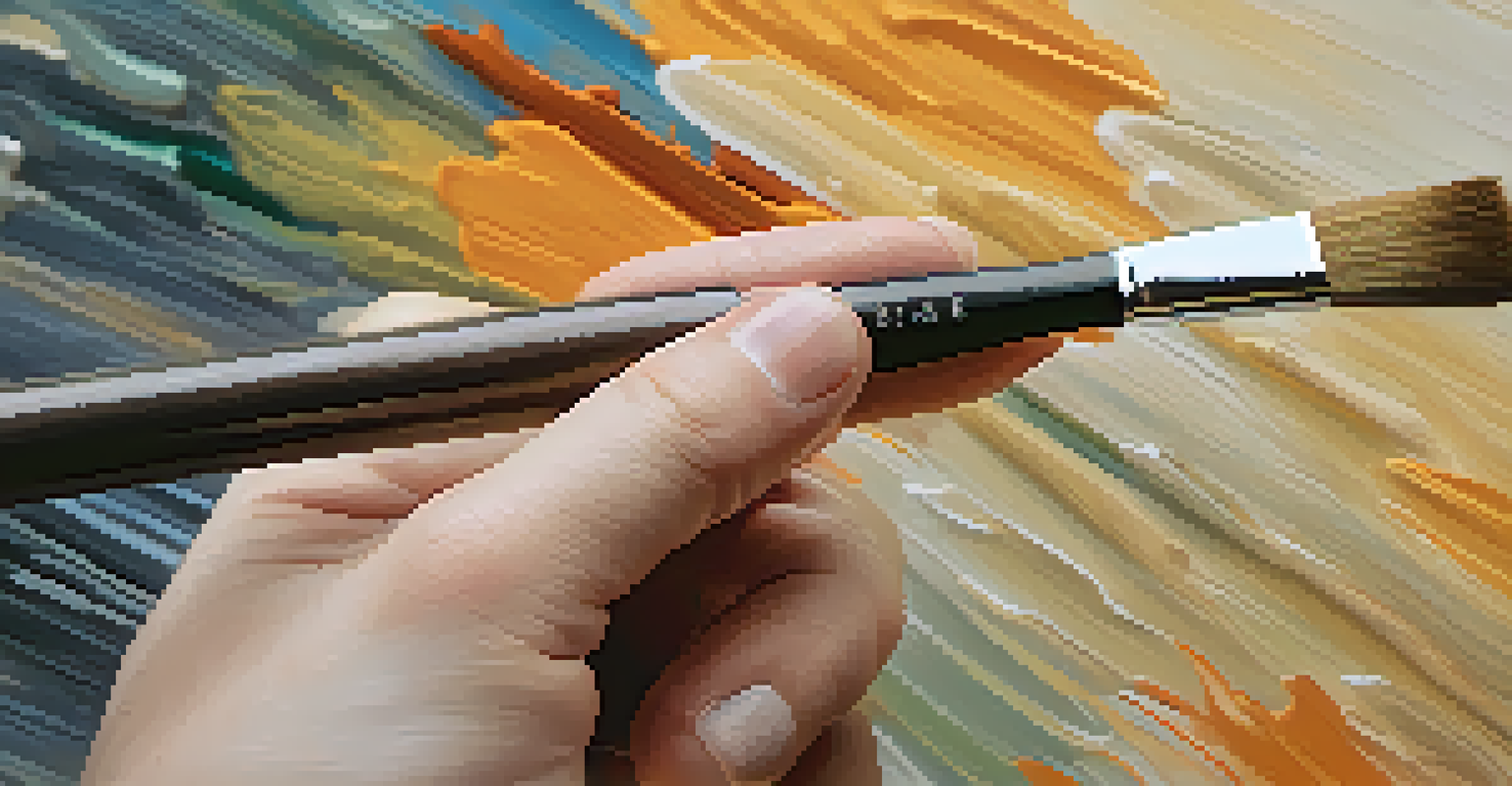 A close-up of a hand painting on a canvas, showcasing the brush and vibrant paint colors.