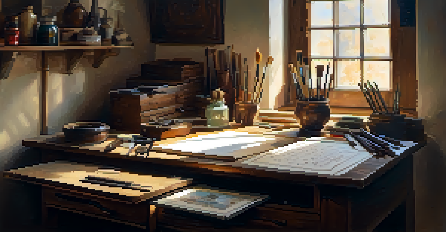 An artist's studio with calligraphy tools, including ink pots and brushes, illuminated by warm natural light.