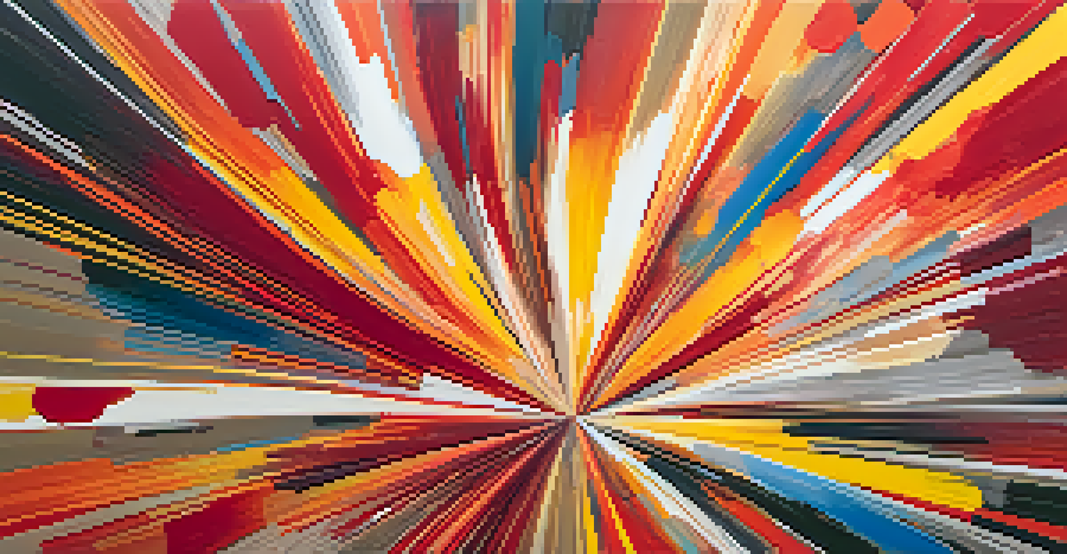 An abstract artwork with vibrant colors like red, yellow, and orange swirling together in a dynamic pattern, creating an energetic composition.