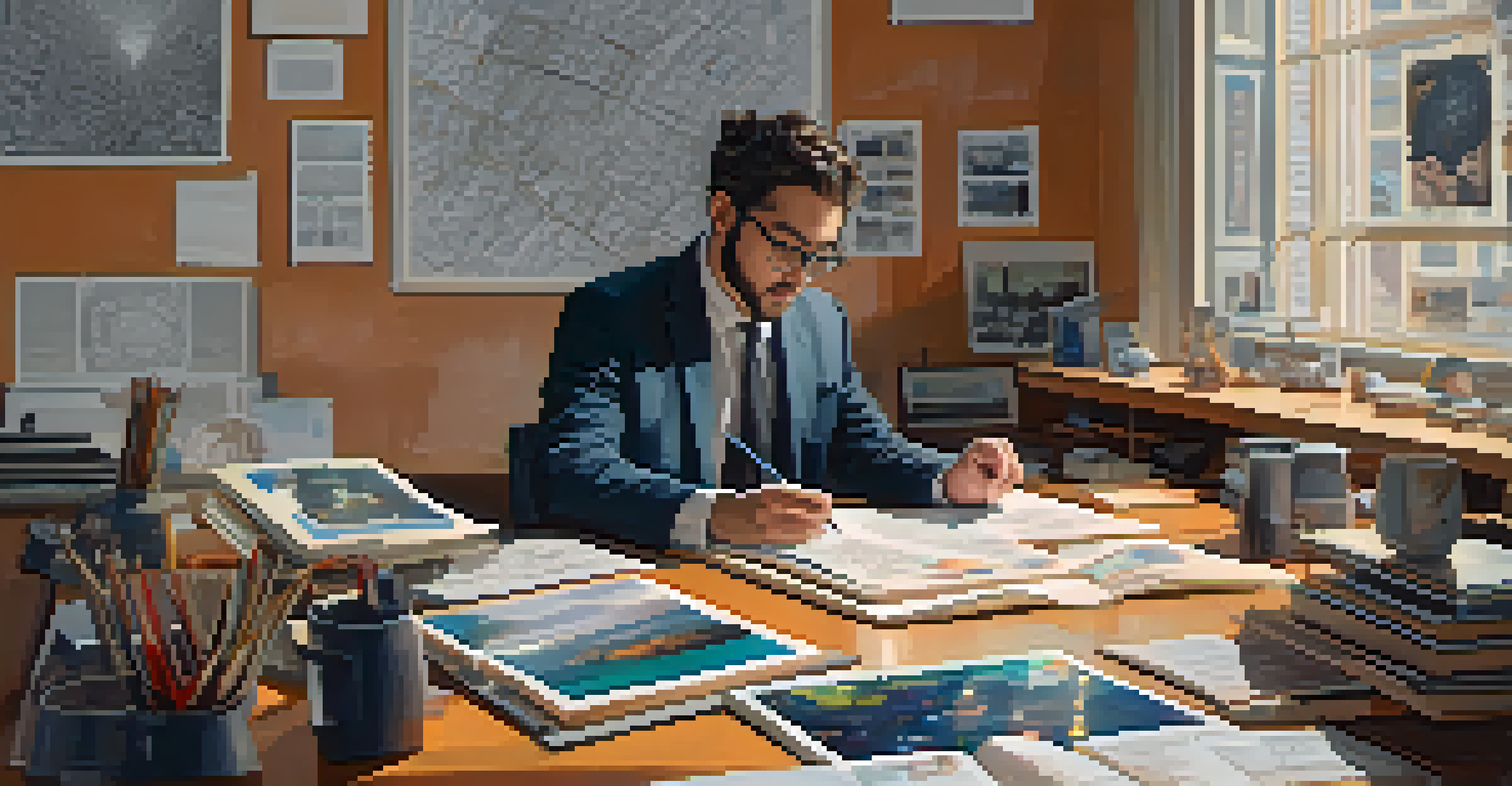 A digital art critic writing a review surrounded by art books and screens.