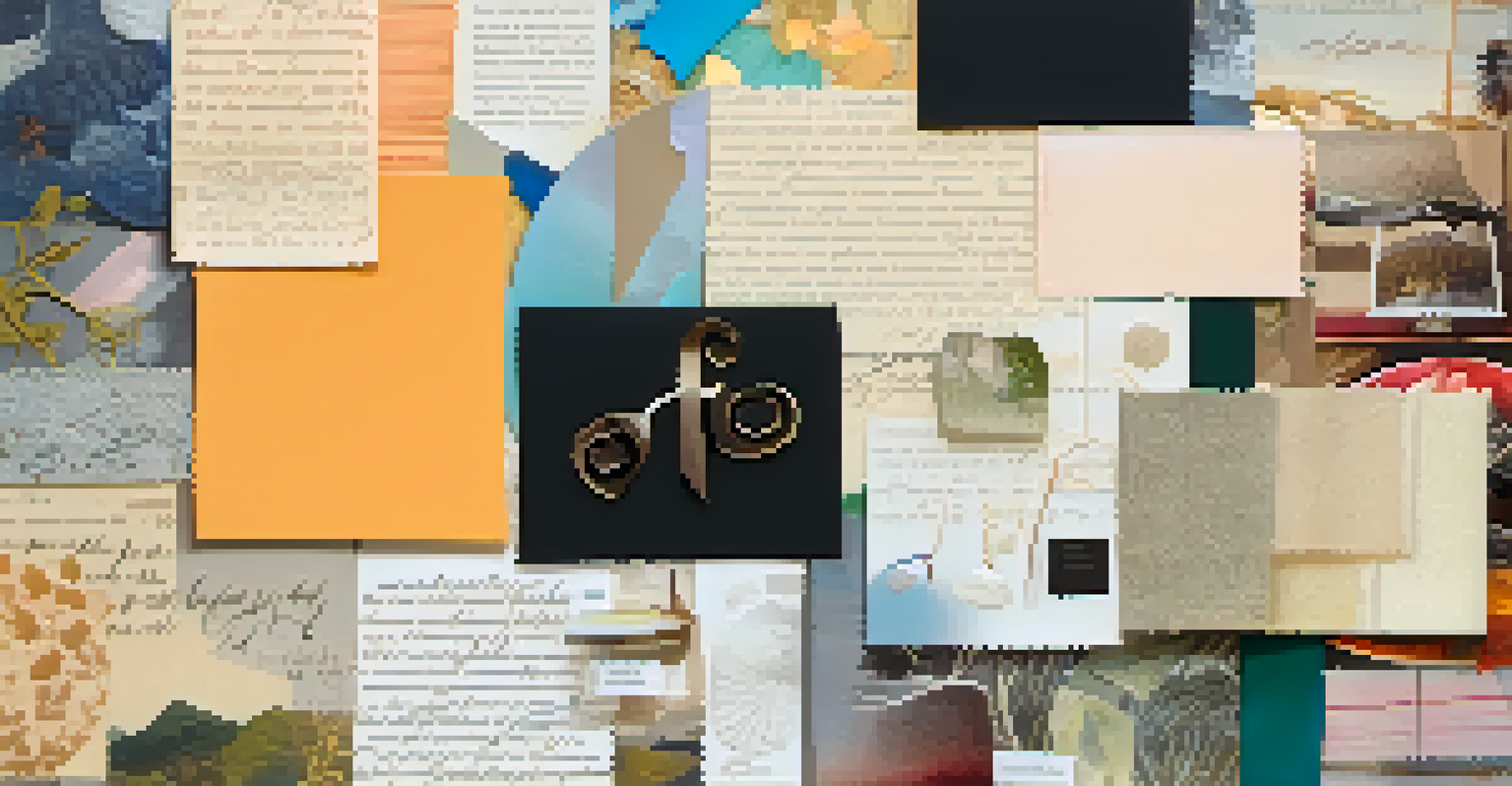 A close-up view of a completed collage with detailed textures, colors, and handwritten notes, illuminated by soft light.