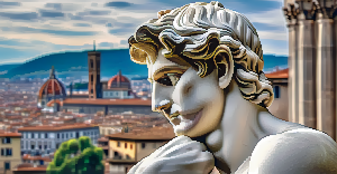 A close-up of Michelangelo's David statue, highlighting its intricate marble details under natural sunlight with a blurred Florence skyline in the background.