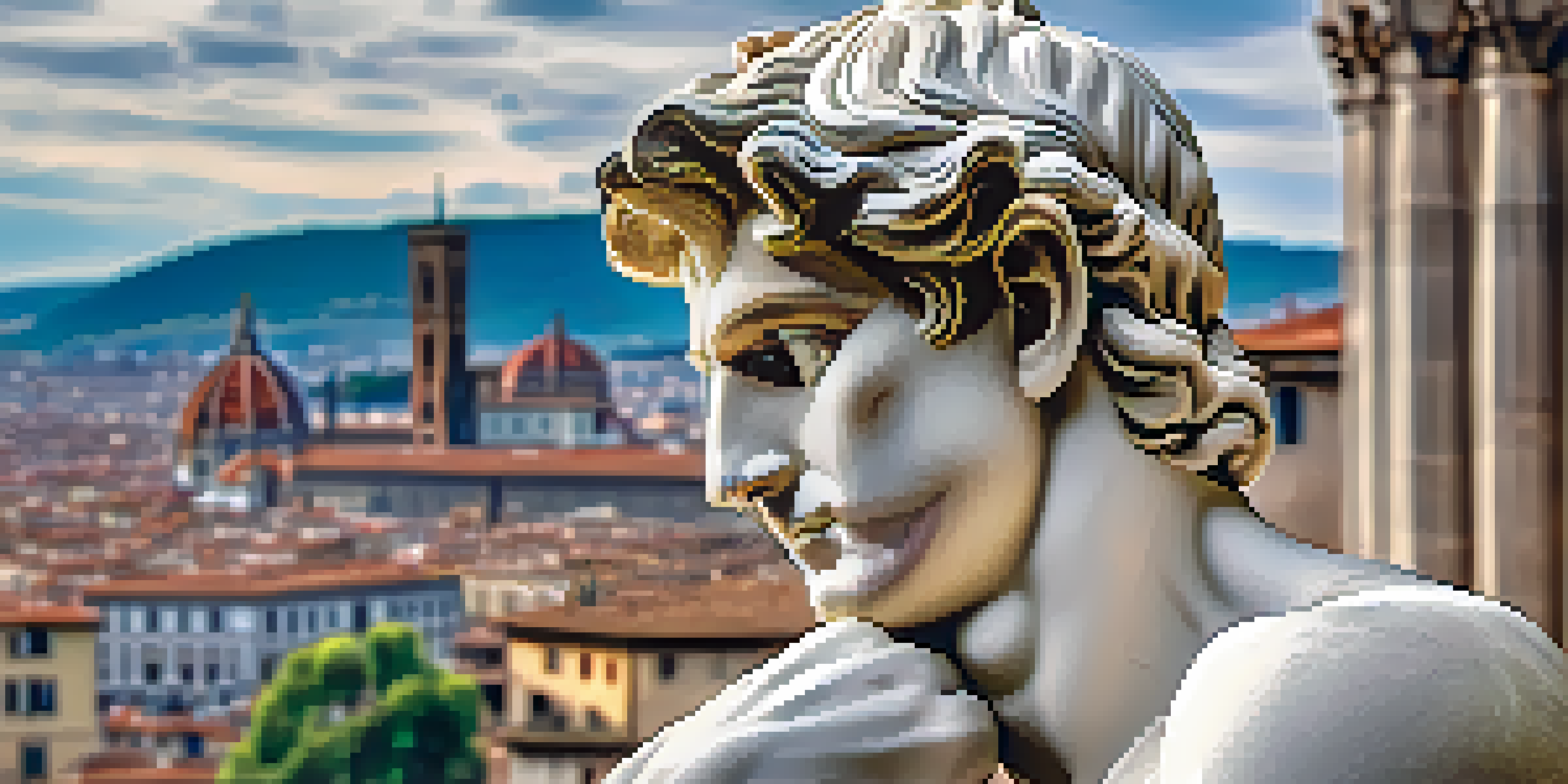 A close-up of Michelangelo's David statue, highlighting its intricate marble details under natural sunlight with a blurred Florence skyline in the background.