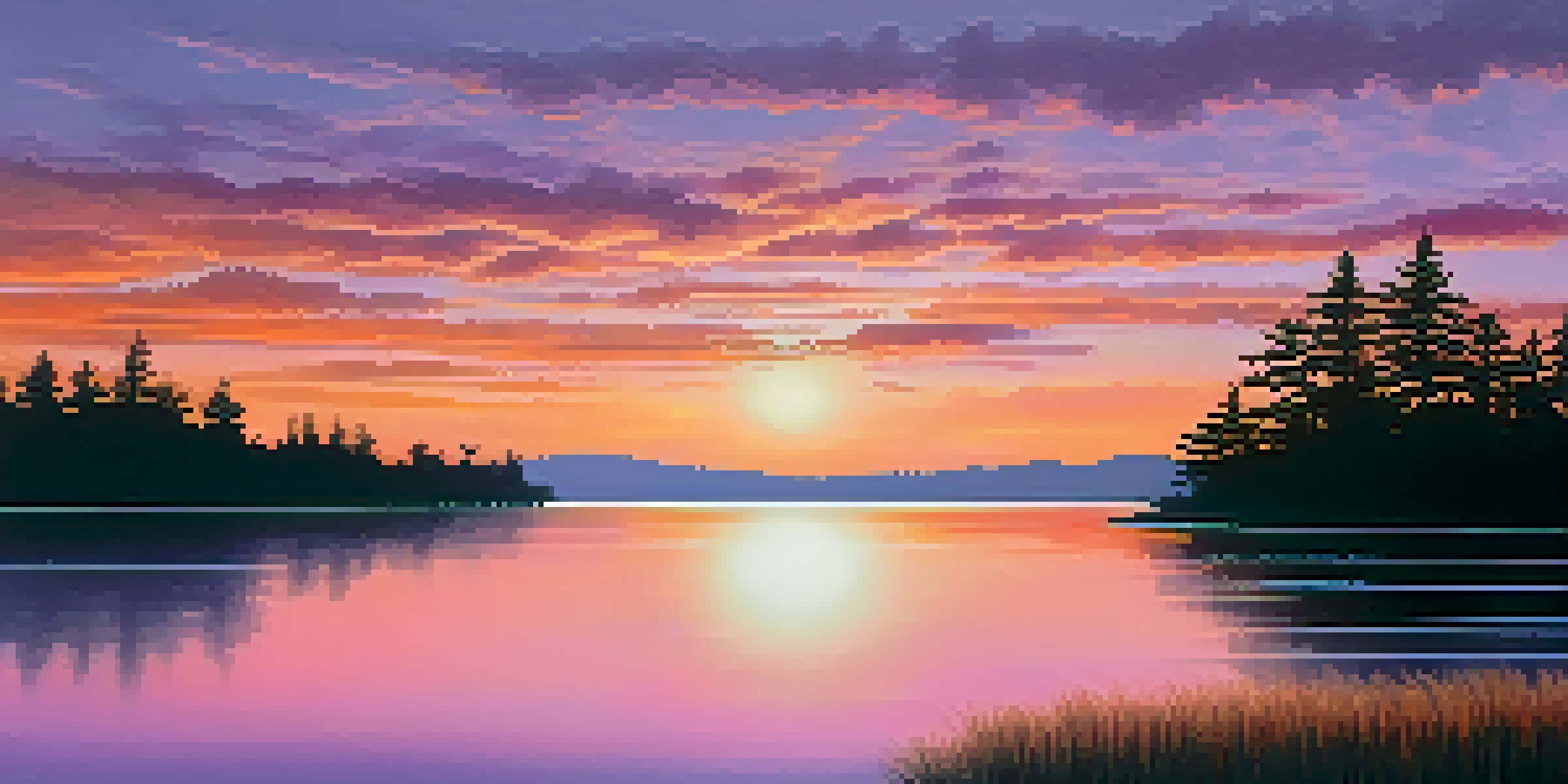 A peaceful sunset over a calm lake with warm colors reflecting on the water, framed by silhouetted trees.