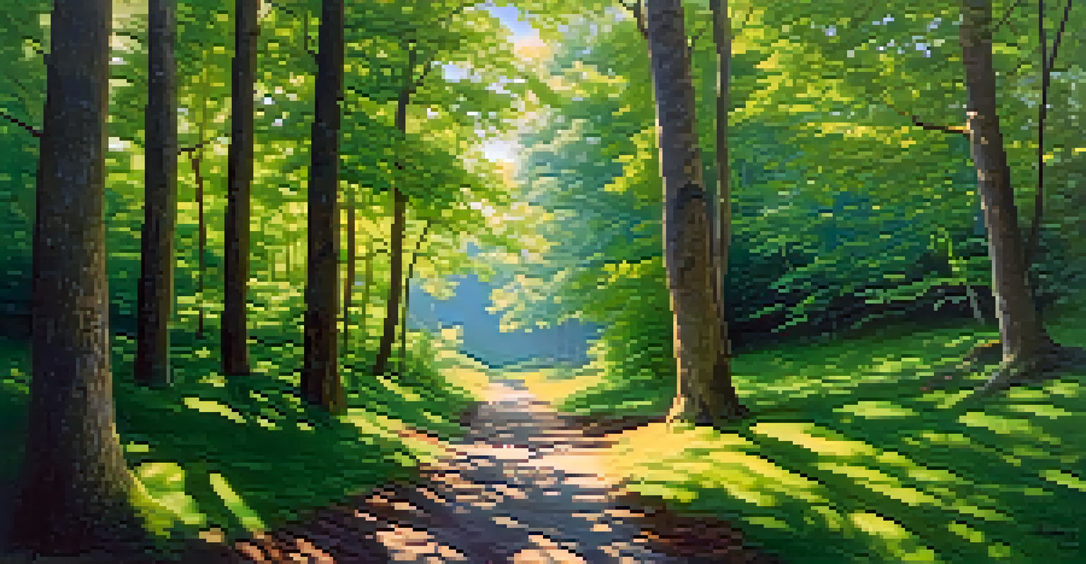 A peaceful forest scene with green trees and a blue sky, featuring a winding path that invites exploration.