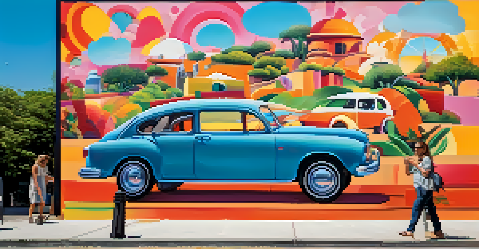 A vibrant outdoor mural with bright colors against a blue sky, surrounded by greenery and people admiring the artwork.