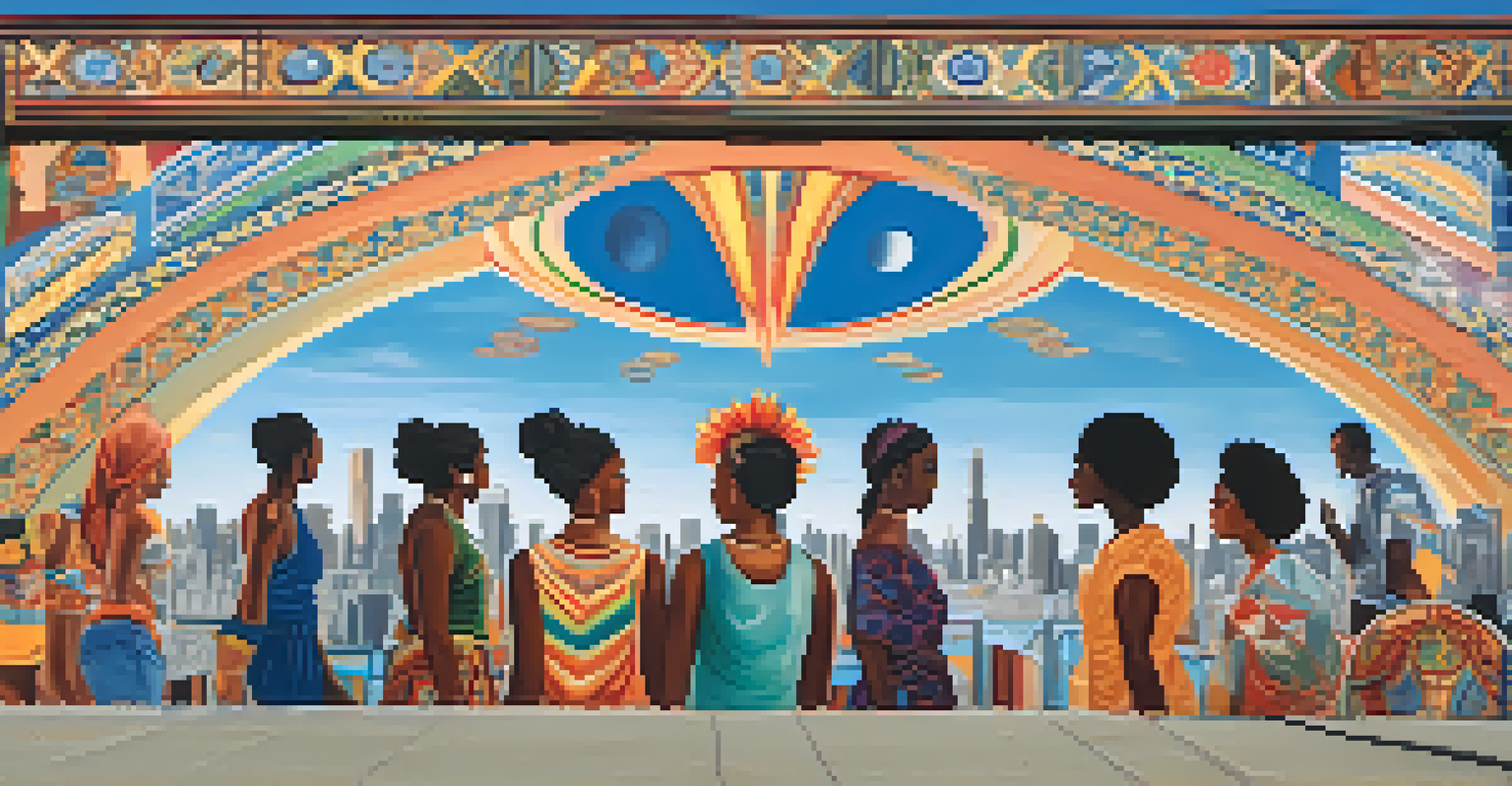 A colorful mural on a city wall showcasing cultural diversity created by women artists, with people admiring it.
