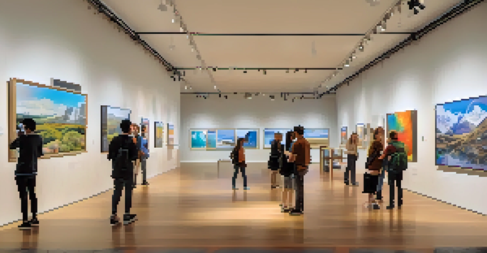 A busy art gallery with visitors using smartphones to engage with augmented reality art installations, featuring animated elements in a brightly lit space.