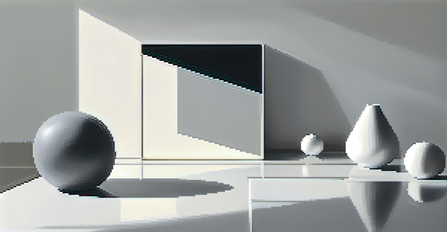 A minimalist artwork with soft gray and white geometric shapes, creating a tranquil atmosphere.