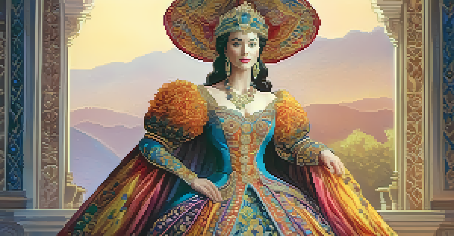 A detailed historical costume design with rich embroidery, vibrant colors, and accessories, set against a soft gradient background.