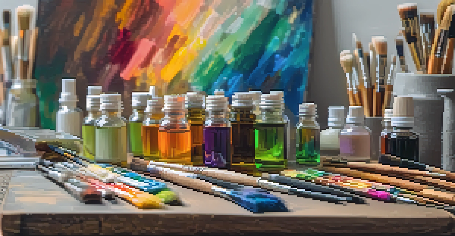 An assortment of oil painting tools including brushes, a glass palette, and a palette knife arranged on a table with a canvas in the background.
