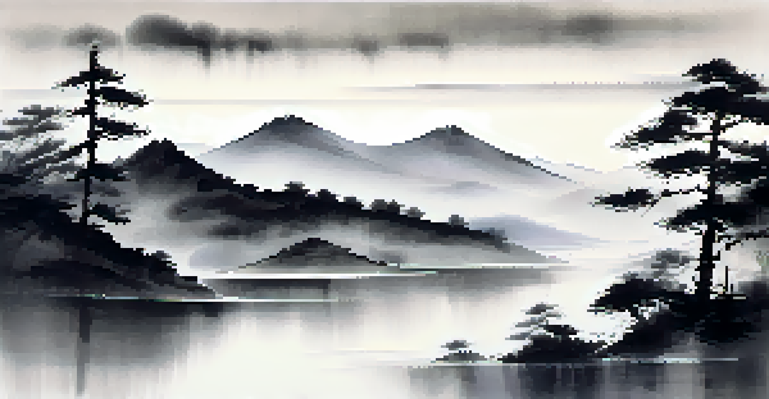 A close-up of a Japanese ink wash painting featuring soft, subtle brush strokes and a tranquil landscape.