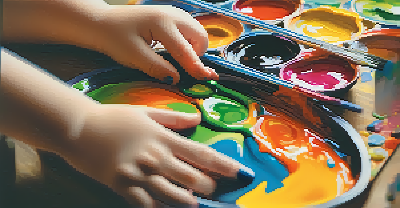 A child's hands mixing bright paint colors on a palette, with an abstract painting in the background.