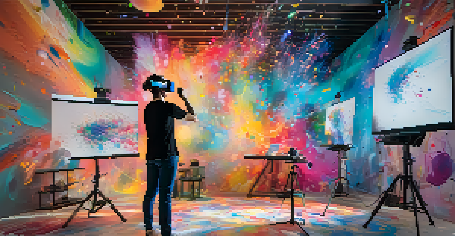 An artist wearing a VR headset in a colorful studio, creating an immersive art piece with swirling holographic elements.