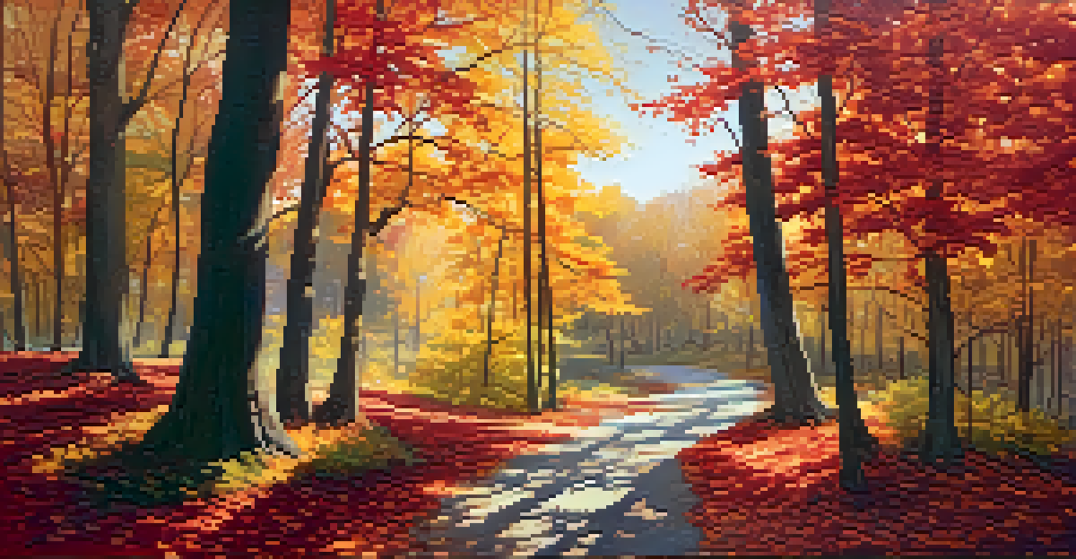 A colorful autumn forest with trees in shades of red, orange, and yellow, featuring a path lined with fallen leaves and dappled sunlight.