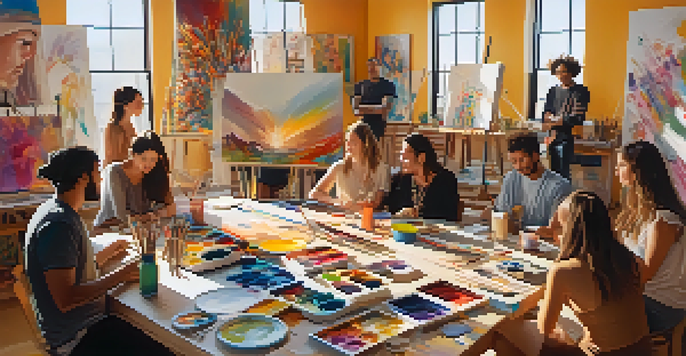 A group of diverse artists in a bright studio discussing their artwork, surrounded by colorful paint materials and finished pieces.