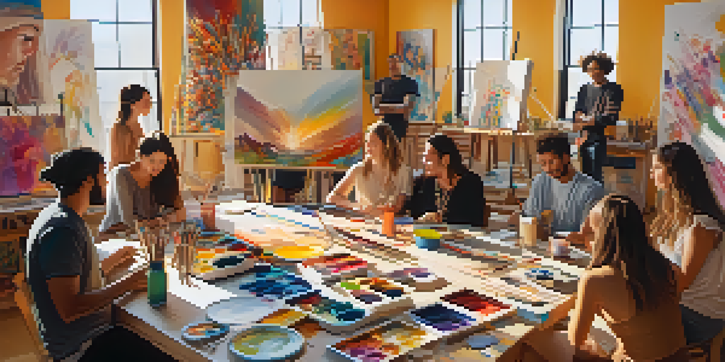 A group of diverse artists in a bright studio discussing their artwork, surrounded by colorful paint materials and finished pieces.