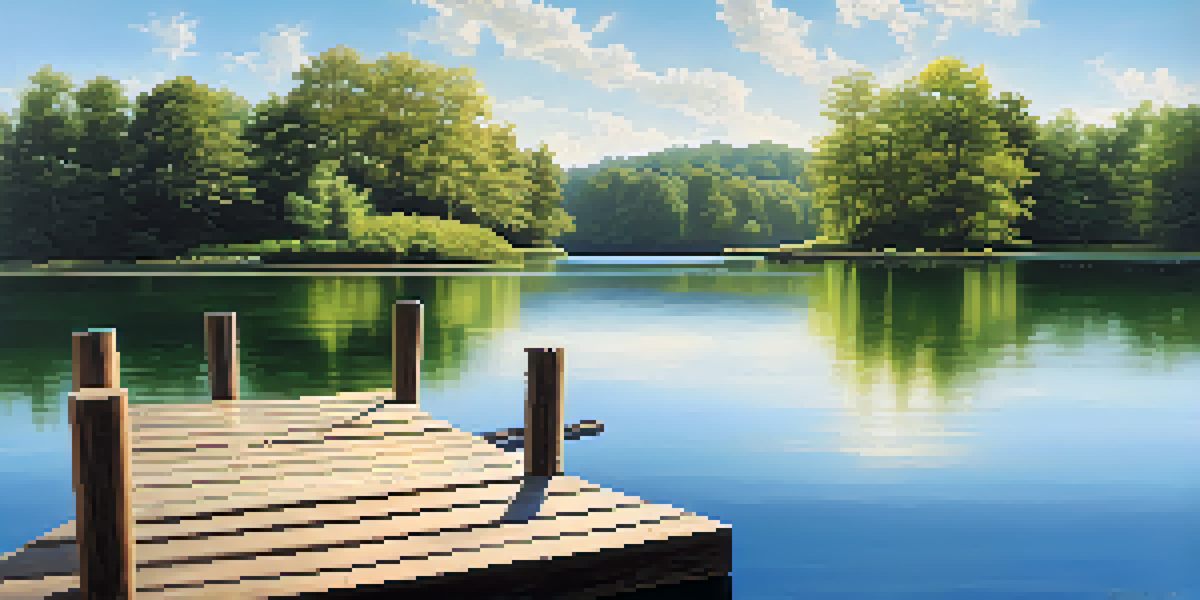 A peaceful lake scene with lush greenery and a wooden dock under a clear blue sky.