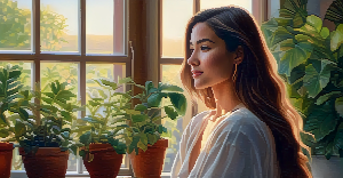 A woman sitting by a window with golden hour light illuminating her face, surrounded by plants, conveying warmth and serenity.