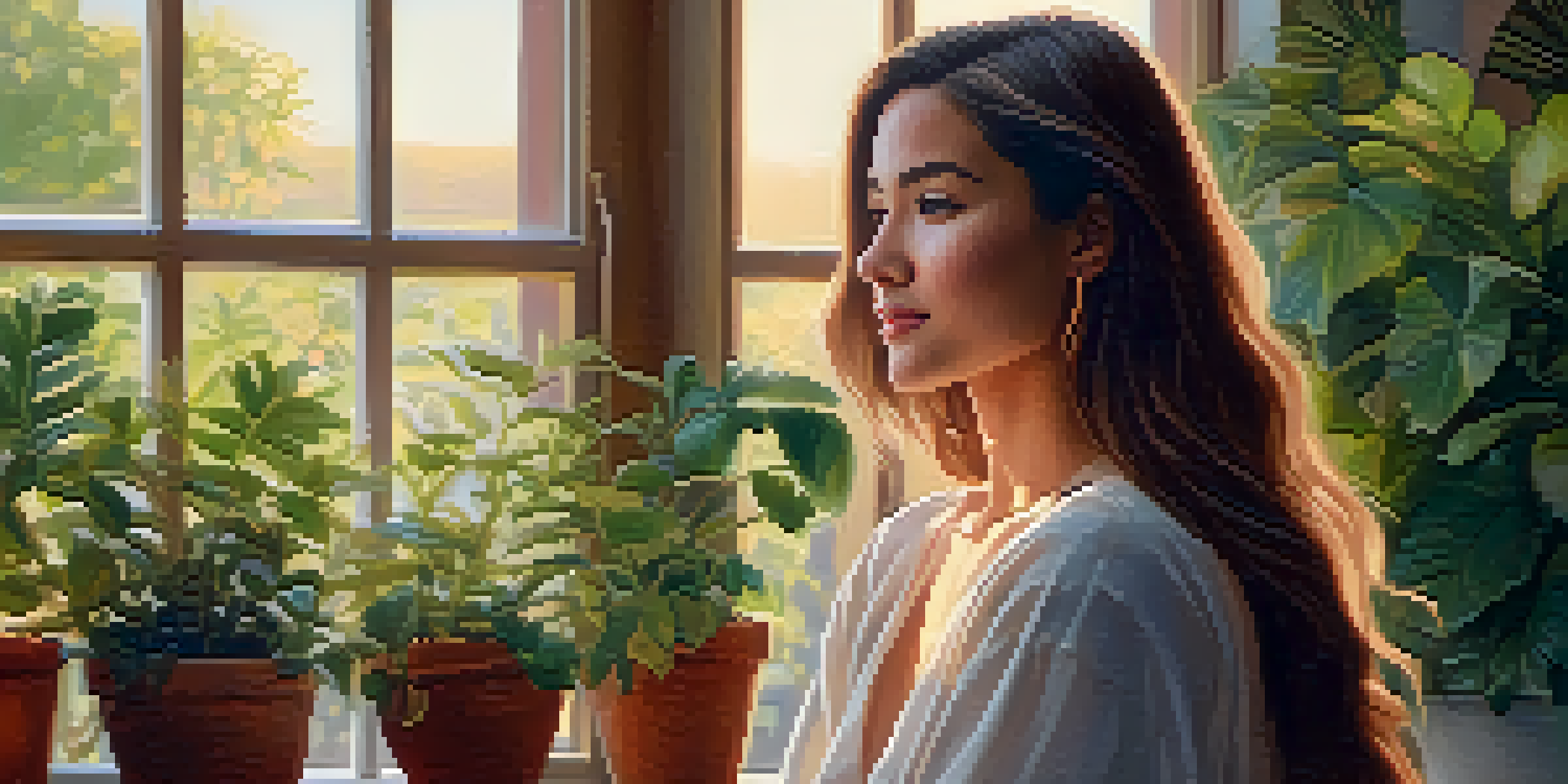 A woman sitting by a window with golden hour light illuminating her face, surrounded by plants, conveying warmth and serenity.