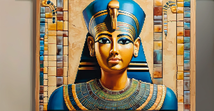 A detailed close-up of an ancient Egyptian encaustic painting, featuring vibrant colors and intricate portrait details illuminated by soft light.