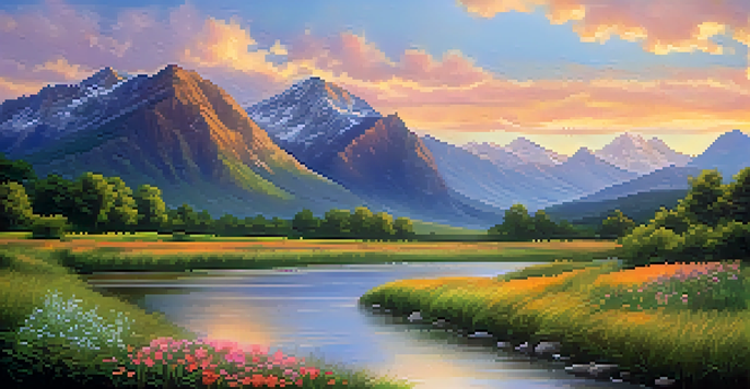 A tranquil river surrounded by green valleys and majestic mountains under a sunset sky, with wildflowers in the foreground.