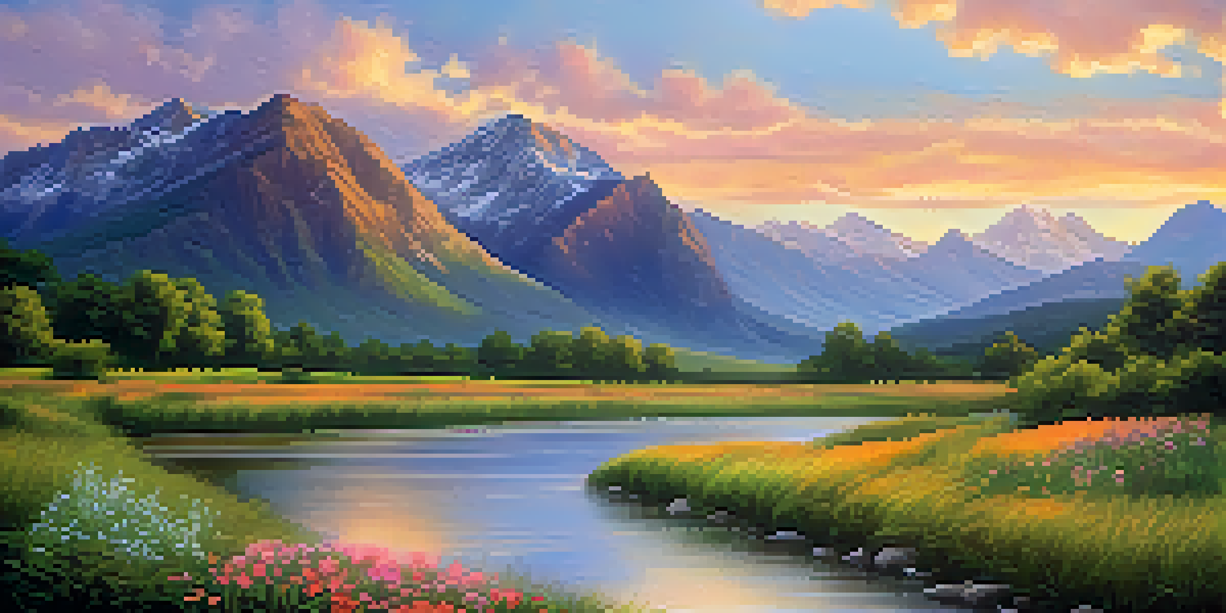 A tranquil river surrounded by green valleys and majestic mountains under a sunset sky, with wildflowers in the foreground.