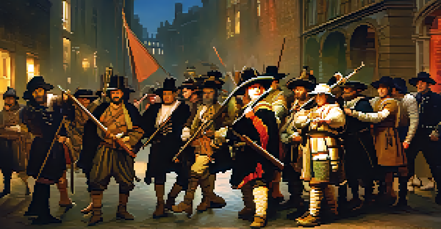 A contemporary scene inspired by 'The Night Watch', showcasing a diverse group of characters in an urban environment.