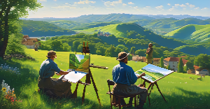 A peaceful Renaissance landscape with artists painting in nature, surrounded by green hills and a clear sky.
