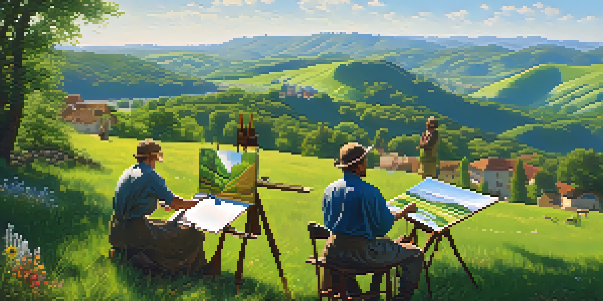 A peaceful Renaissance landscape with artists painting in nature, surrounded by green hills and a clear sky.