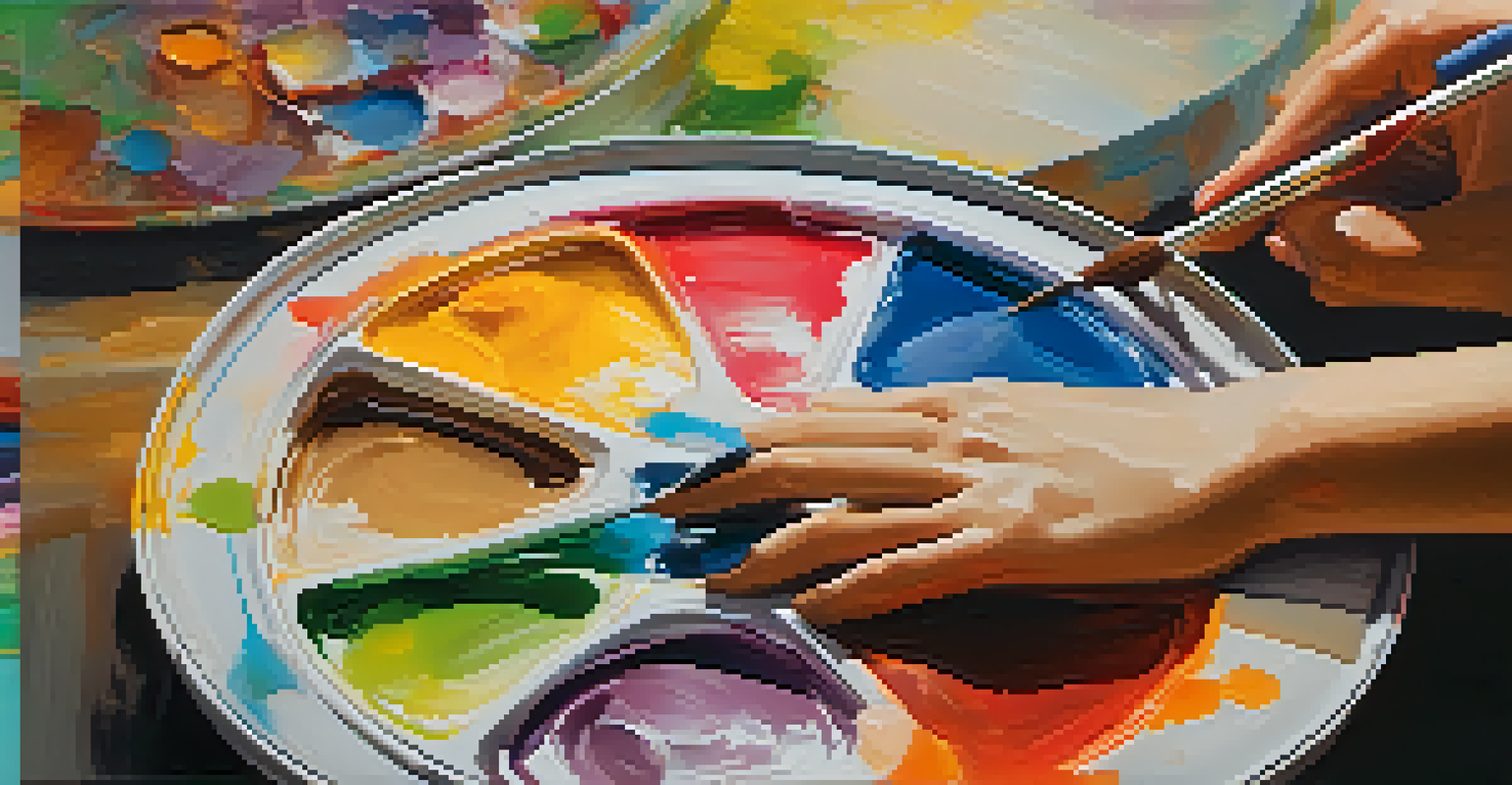 Close-up of hands mixing colorful paint on a palette, with an abstract artwork blurred in the background.