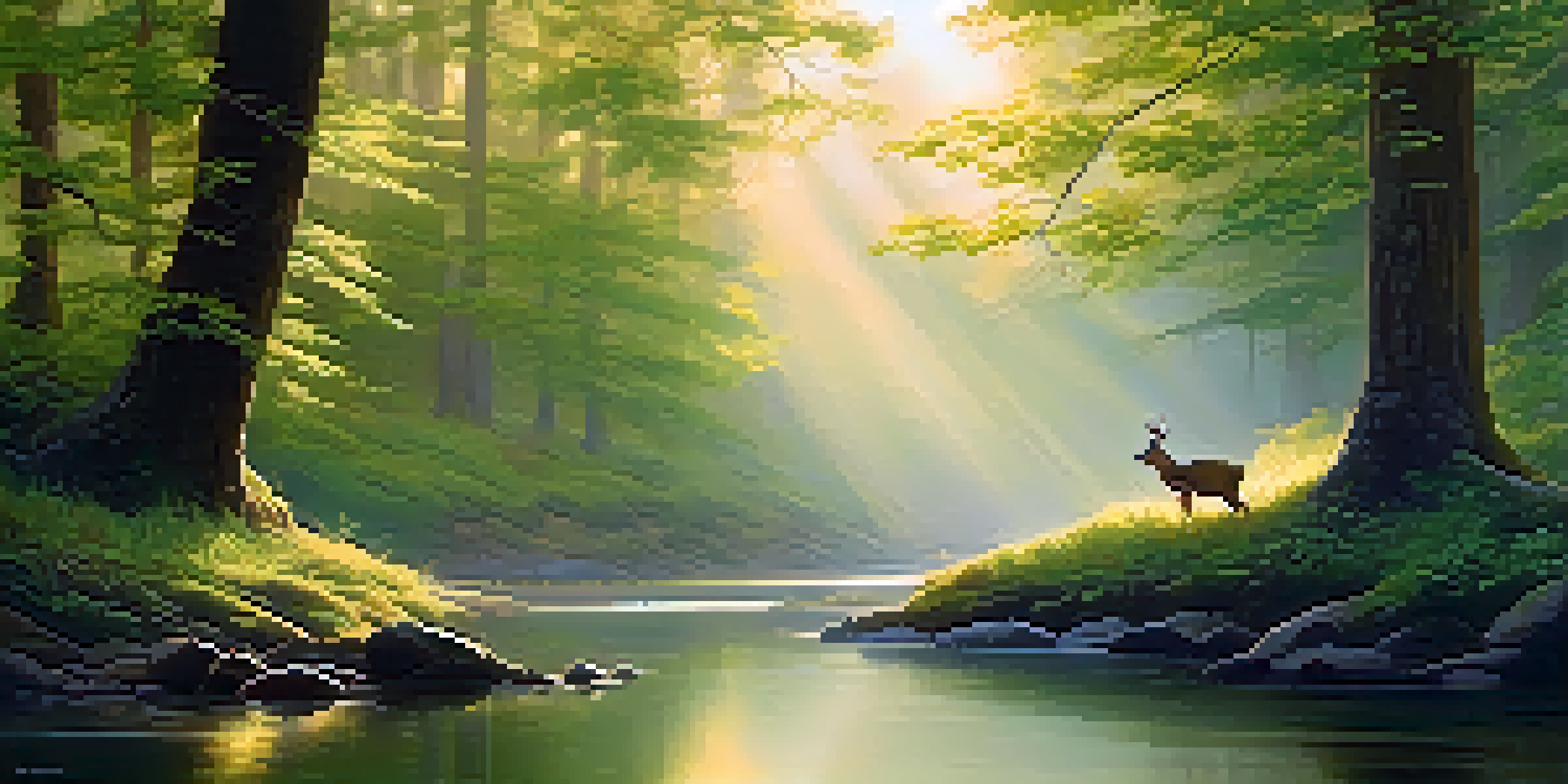A peaceful forest at dawn with mist, sunlight filtering through trees, and a deer near a stream.