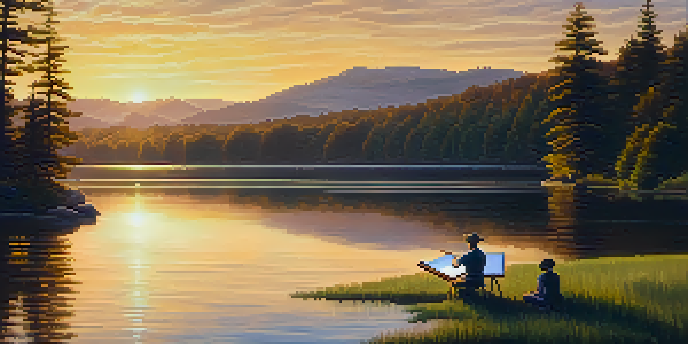 A peaceful lake at sunset with an artist sketching on the shore.