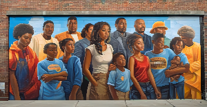 A colorful urban mural showing diverse individuals standing together, symbolizing unity and social justice, with warm sunlight illuminating the artwork.