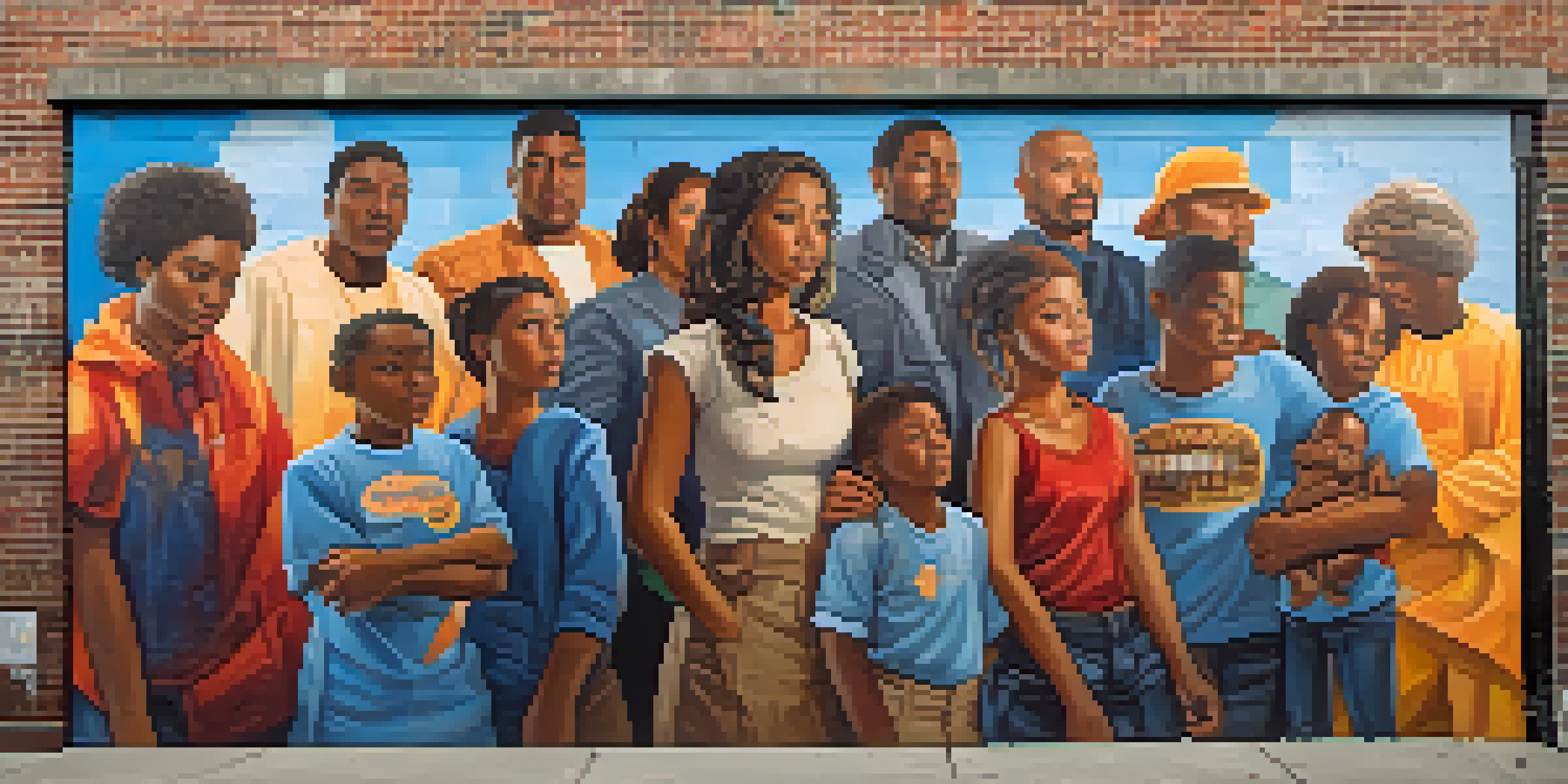 A colorful urban mural showing diverse individuals standing together, symbolizing unity and social justice, with warm sunlight illuminating the artwork.