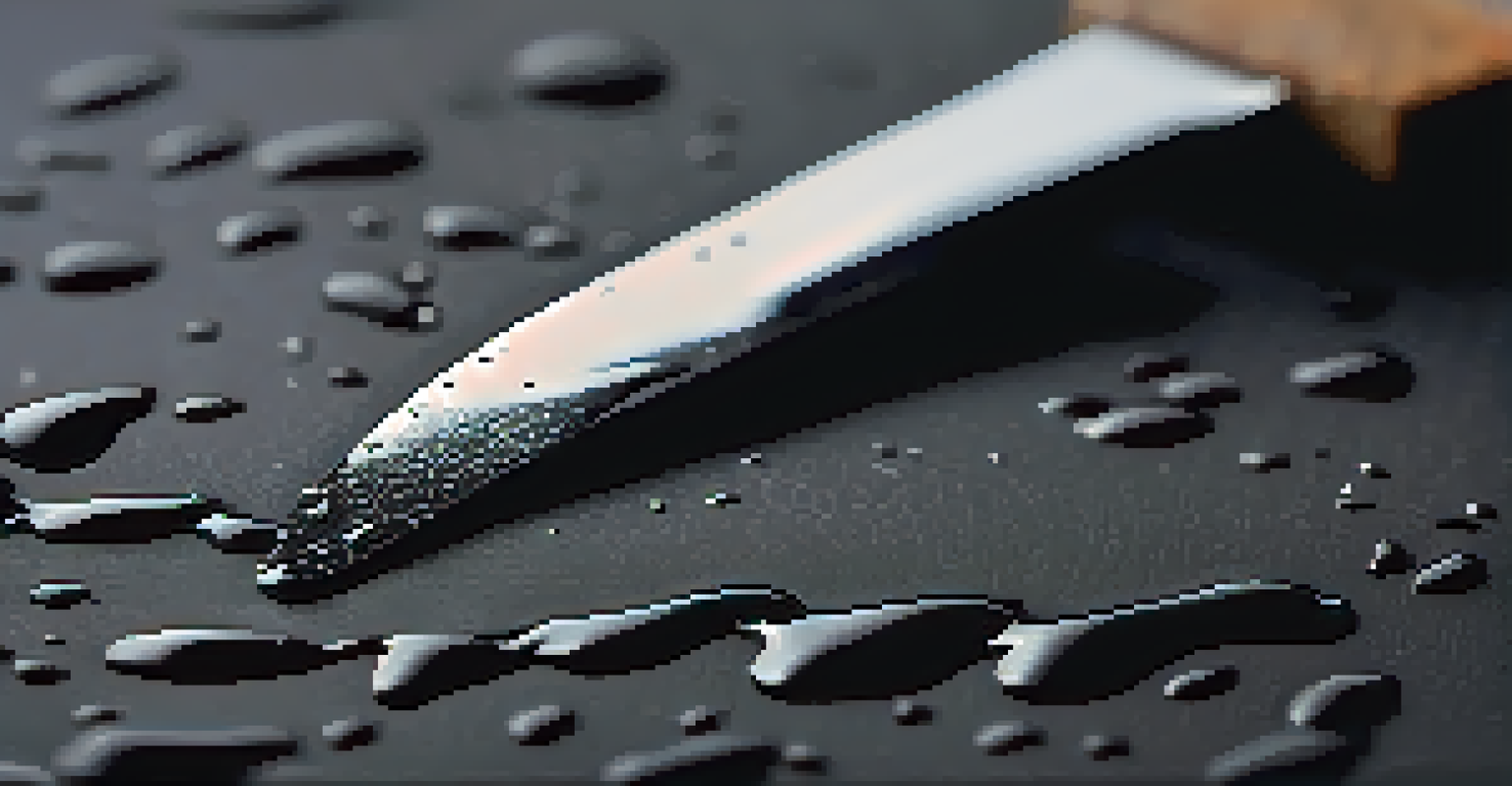 A close-up of a palette knife applying black gesso on a canvas, showing rich texture and contrast.