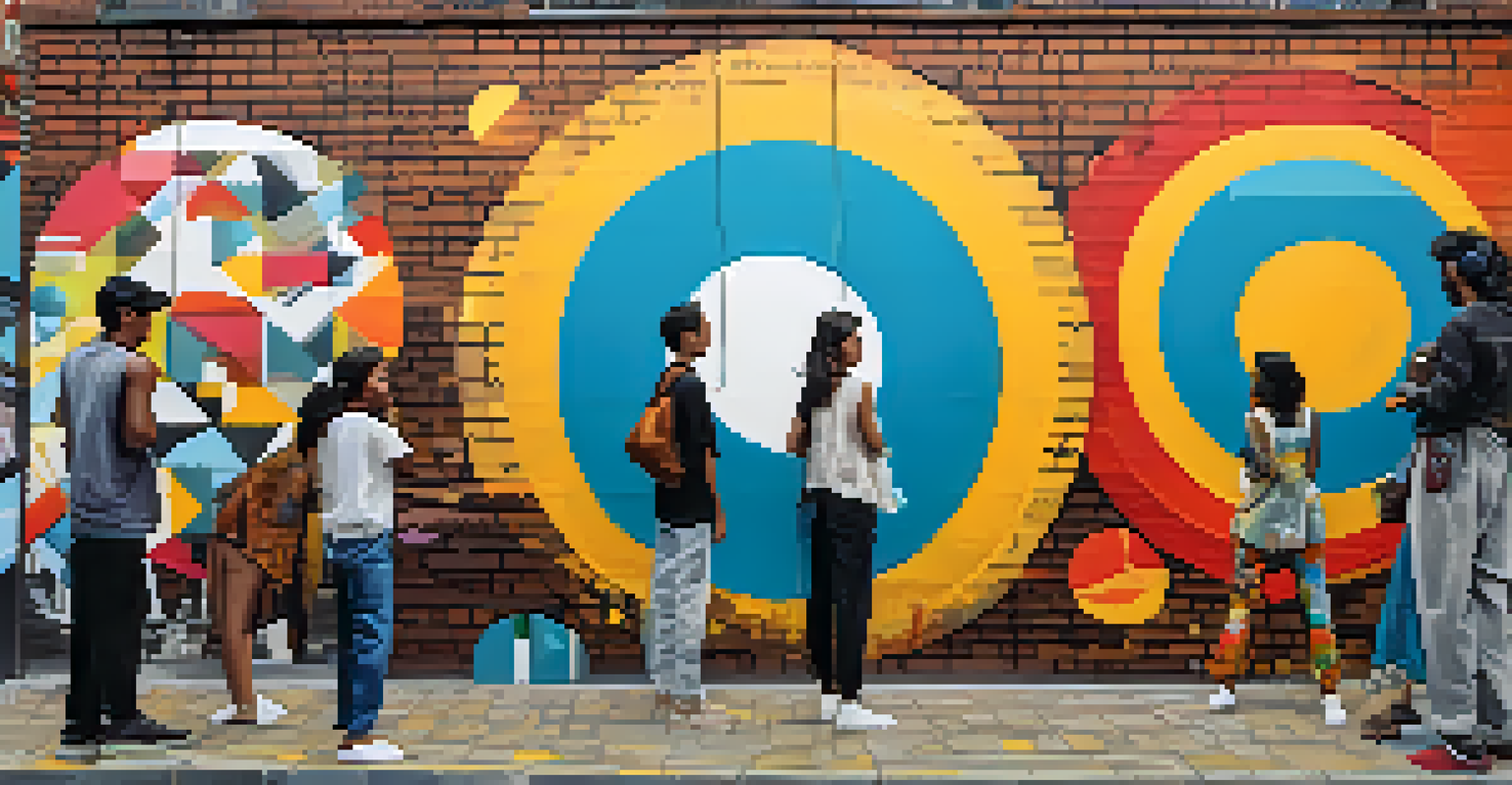 A vibrant street art mural depicting cultural identity, with diverse people engaging with the artwork in an urban setting.