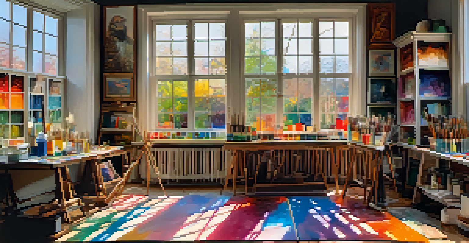 An artist's studio with paints, brushes, and canvases under warm sunlight.