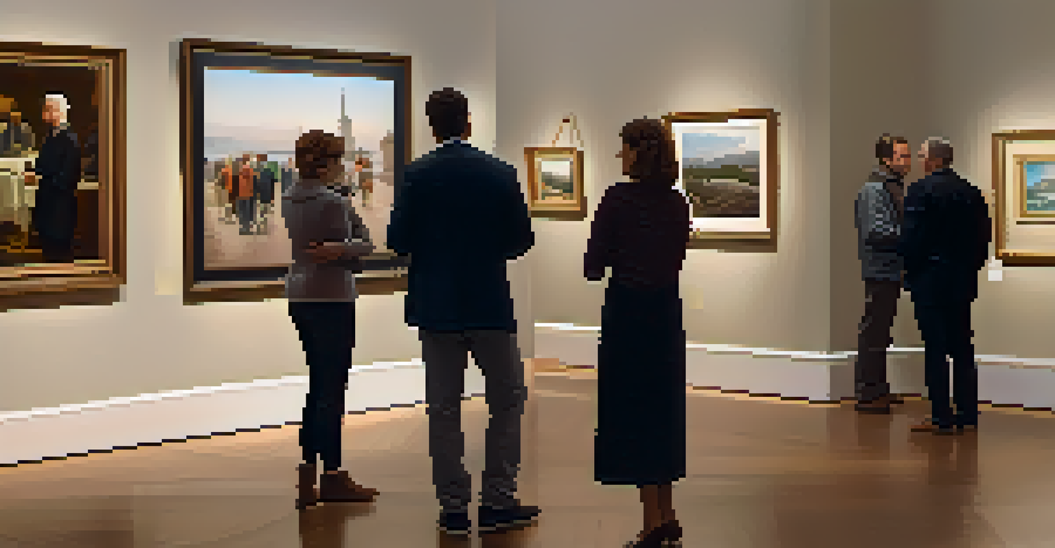 A vibrant art gallery filled with collectors admiring various artworks and engaging in discussions.