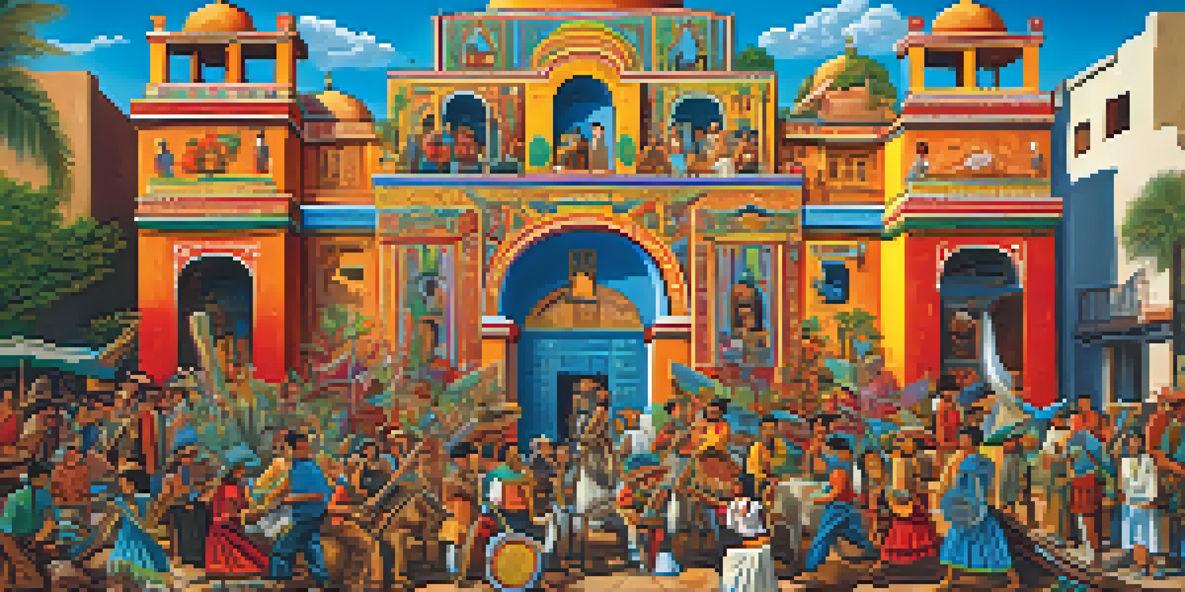 A colorful mural illustrating a historical scene from Mexican culture with people engaged in traditional activities under a bright sky.
