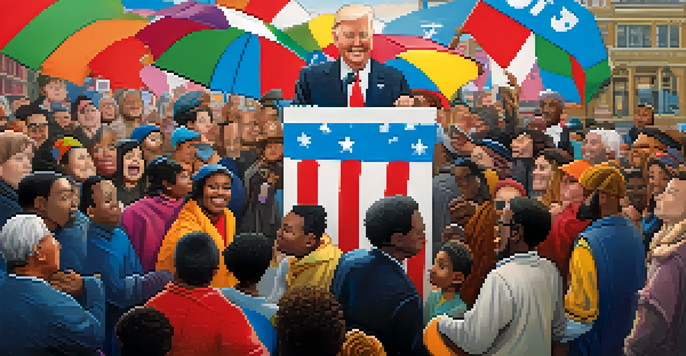 A colorful cartoon showing a diverse crowd around a ballot box, expressing hope and unity, with a cityscape in the background.