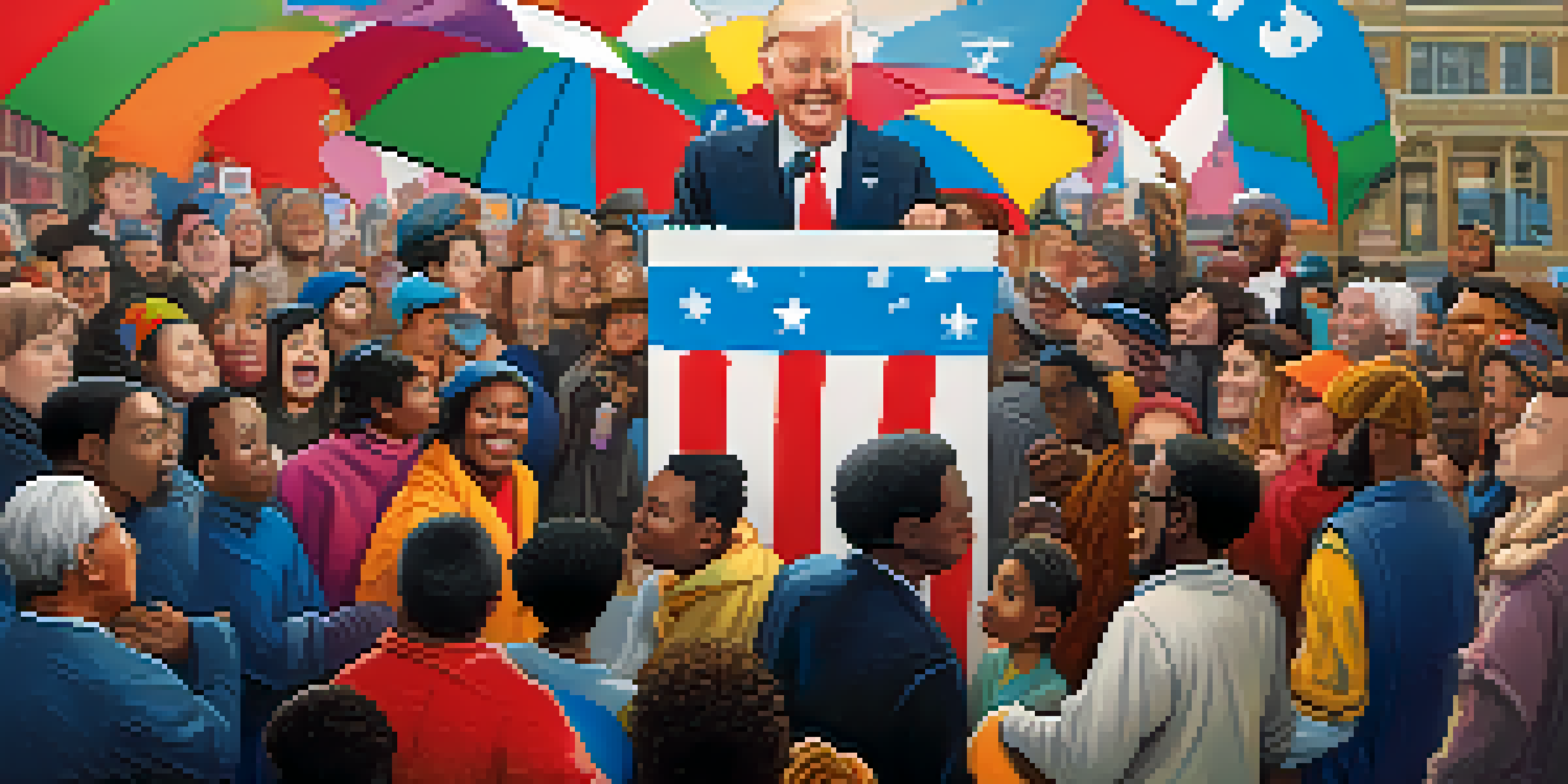 A colorful cartoon showing a diverse crowd around a ballot box, expressing hope and unity, with a cityscape in the background.