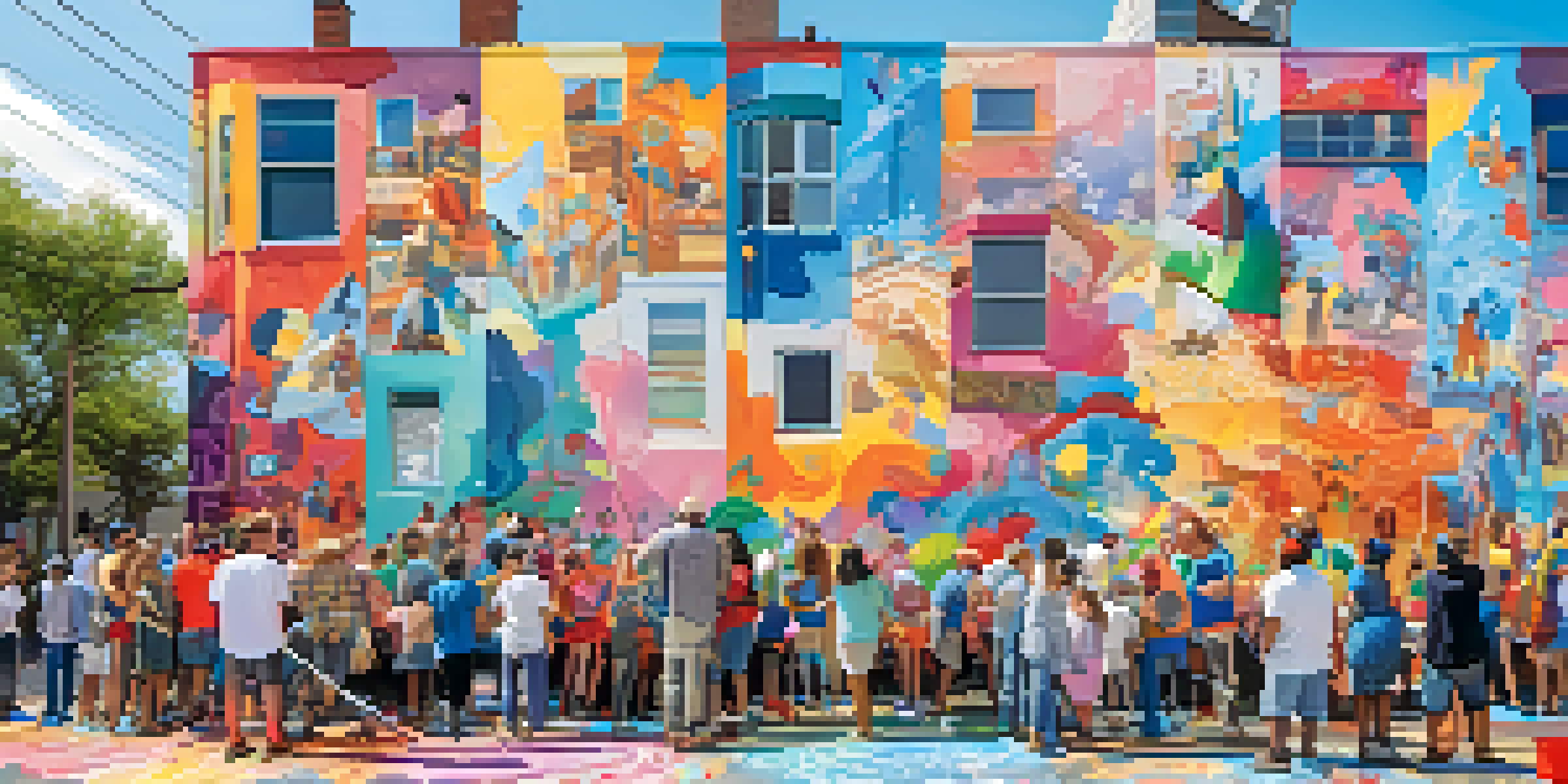 A diverse group of artists and community members painting a large mural, featuring bright colors and intricate designs, with paint supplies scattered around them.