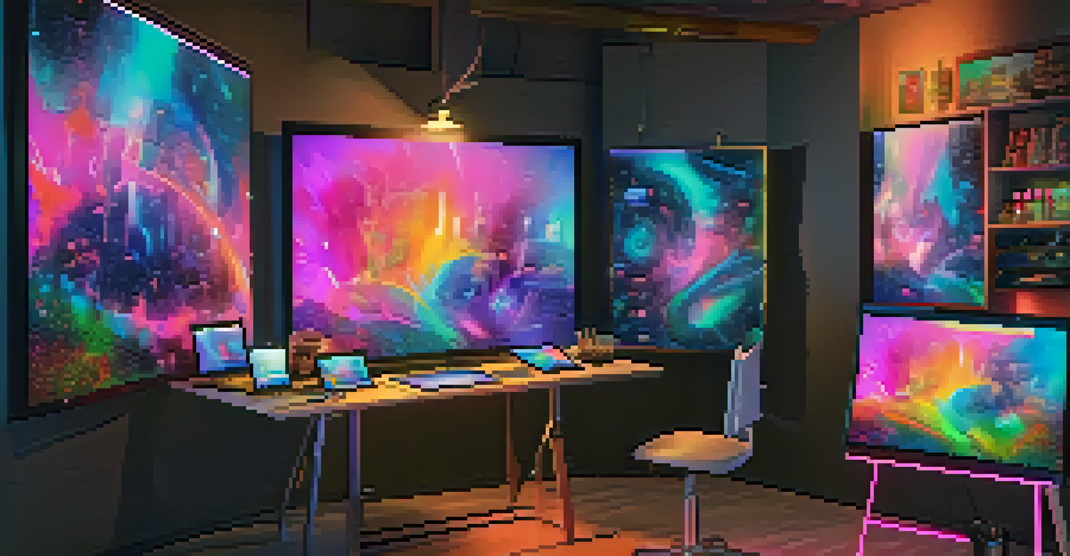 A modern digital artist's studio with a digital tablet and stylus, showcasing vibrant colors on the screen and futuristic LED lighting.