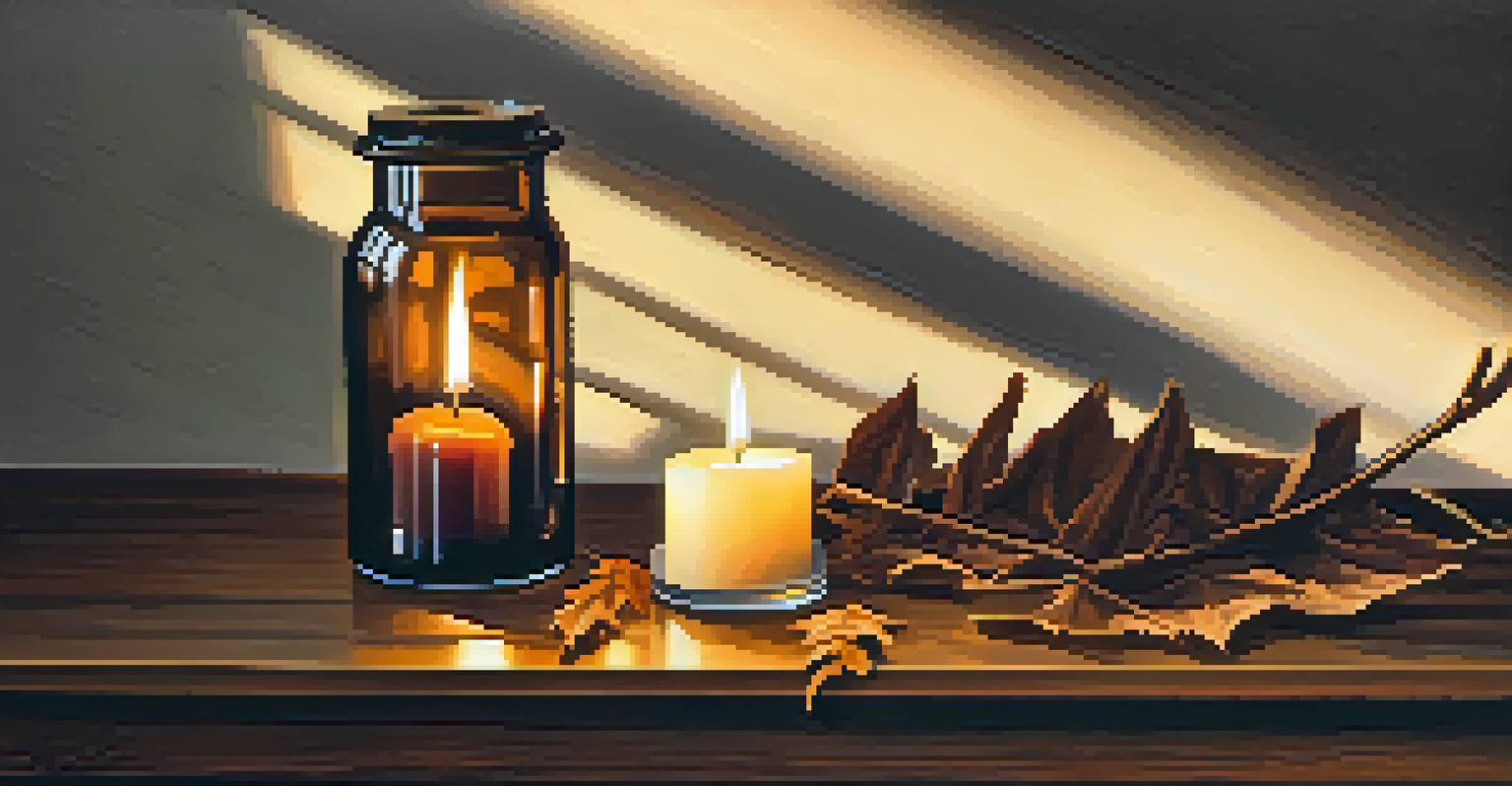A solitary candle on a dark wooden surface with dried leaves and a glass jar, illuminated by flickering candlelight.