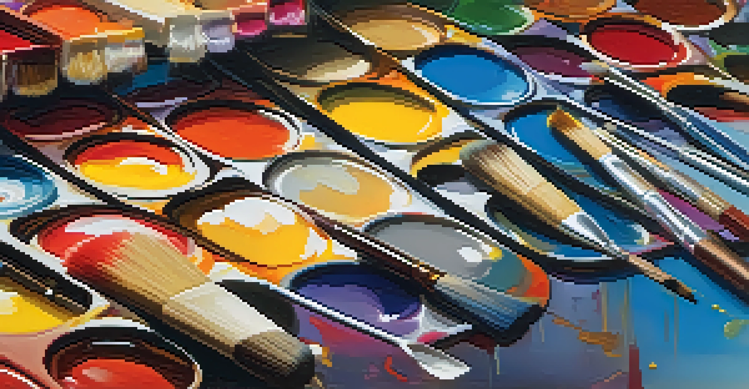 A detailed close-up of a painter's palette with vibrant colors and brushes, illuminated by bright overhead light.