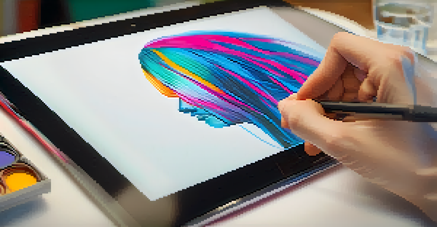 A close-up of a hand using a stylus on a graphics tablet, drawing a lifelike portrait.