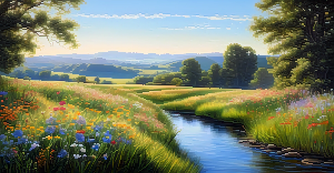 A beautiful Renaissance-style landscape with a sunlit meadow, a brook, and rolling hills under a blue sky.
