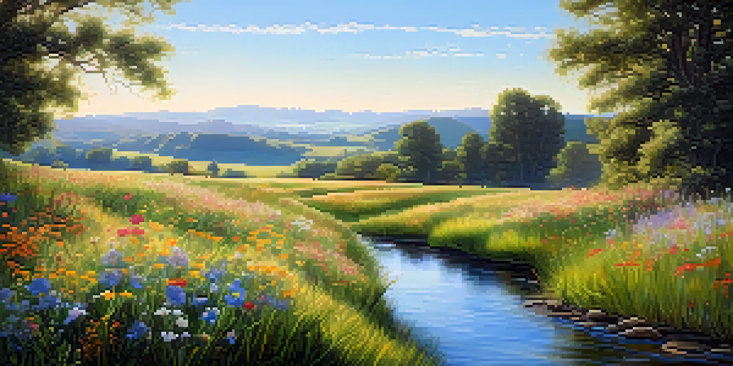 A beautiful Renaissance-style landscape with a sunlit meadow, a brook, and rolling hills under a blue sky.